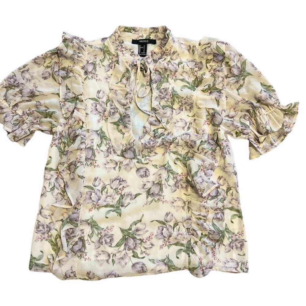 Small Forever 21 Floral Print Blouse Short Sleeved Ruffled Cutout Mock Collar